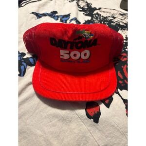 Vintage 1989 Daytona 500 Trucker Hat Red Corduroy Mesh Snapback Racing Cap Mens